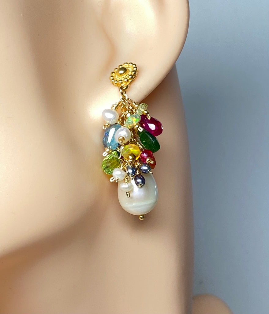 Colorful Gemstone Pearl Cluster Earrings Gold