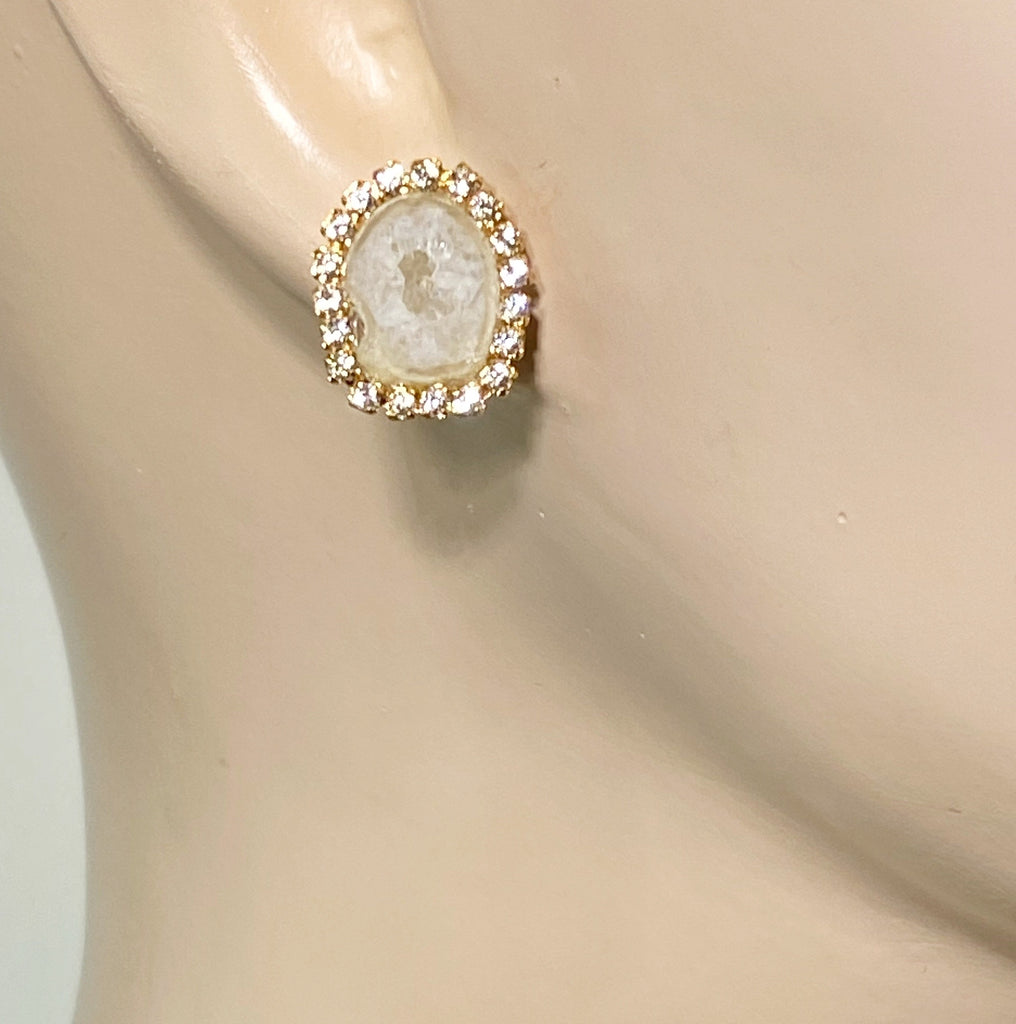 Ivory Tabasco Geode Slice Stud Bridal Earrings Creamy White