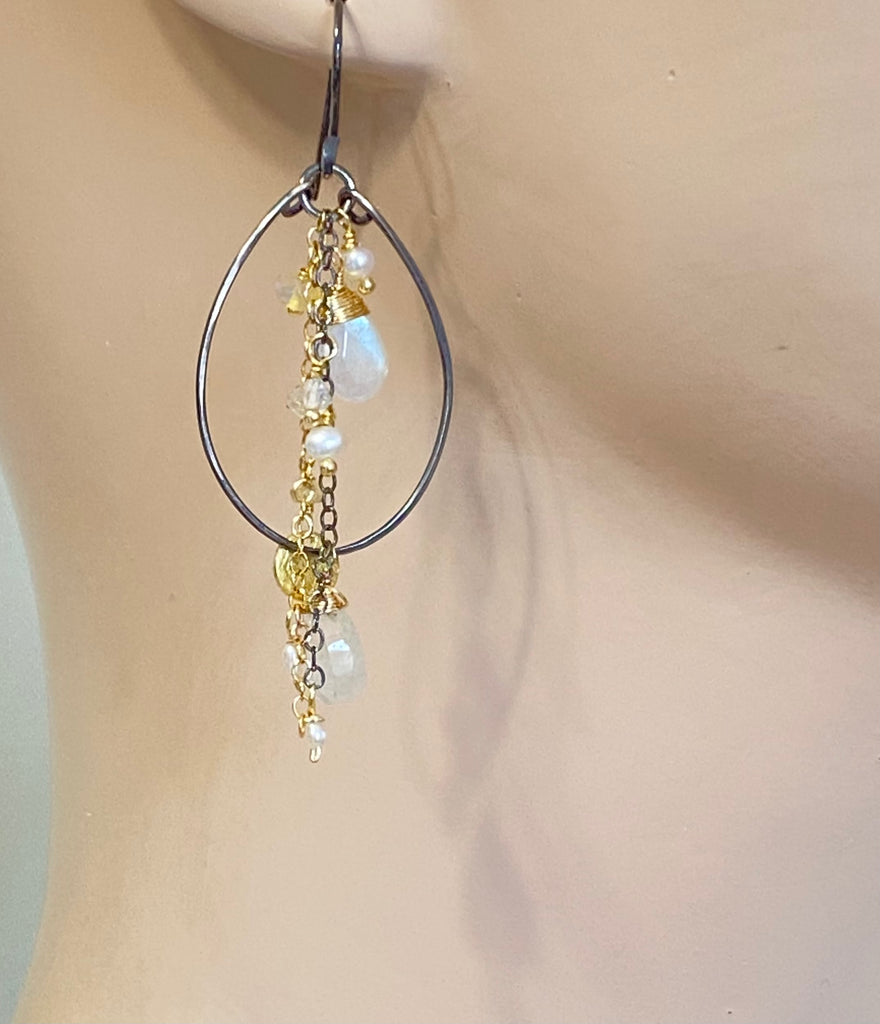 Rainbow Moonstone, Opal, Pearl Mixed Metal Hoops, Black and Gold