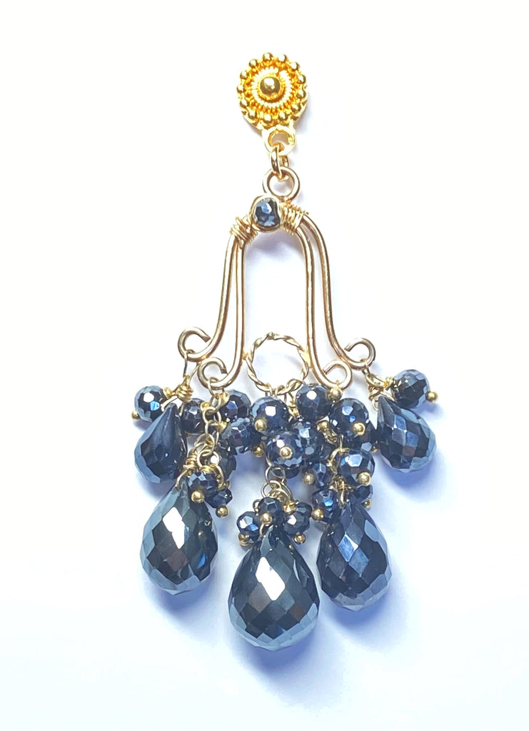 Gemstone Black Spinel Gold Fill Handmade Chandelier Earrings
