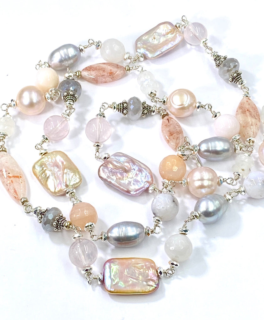 Long Silver Gemstone Pearl Necklace Blush Pink & Grey Toggle Clasp - doolittlejewelry