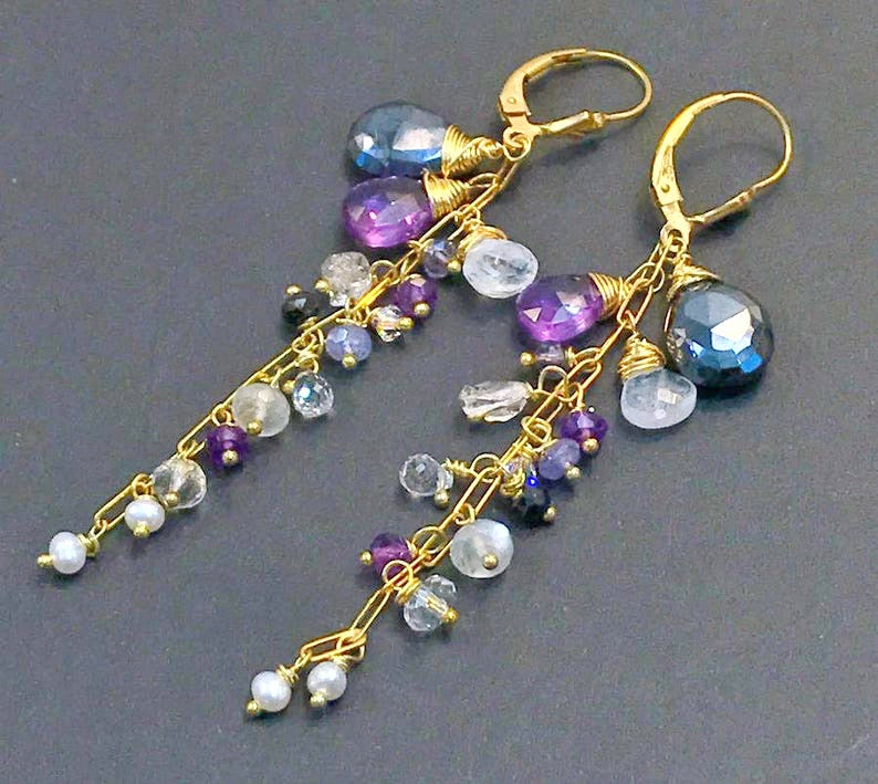 Amethyst Dangle Wire Wrap Moonstone Earrings 1