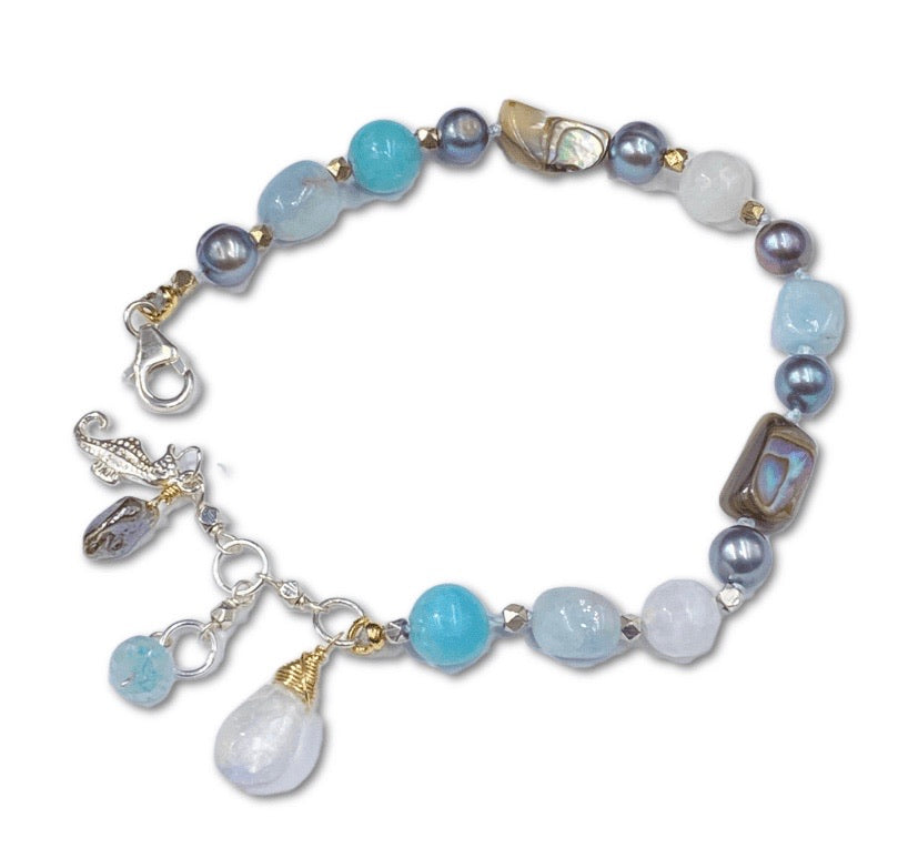 Abalone Silk Knotted Bracelet, Moonstone, Aquamarine, Pearl - doolittlejewelry