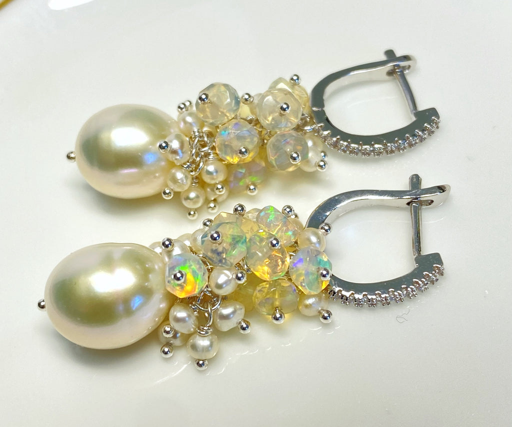 Pearl and Opal Cluster Earrings Sterling Silver