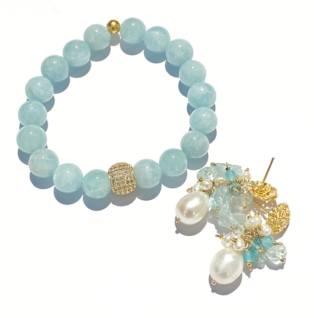 Aquamarine Gemstone Pearl Cluster Earrings Gold Post