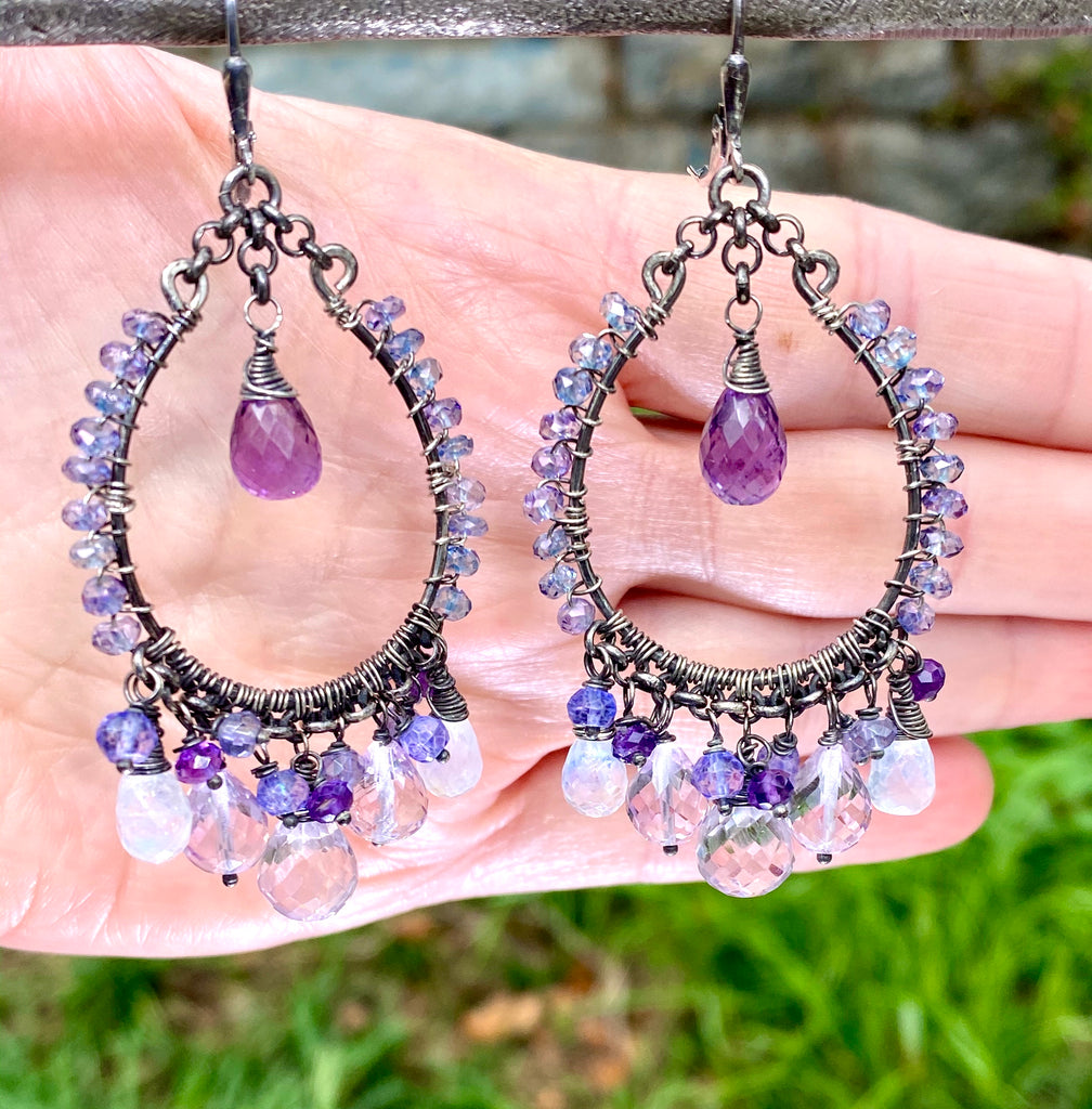 Amethyst Moonstone Oxidized Sterling Silver Hoop Earrings - doolittlejewelry