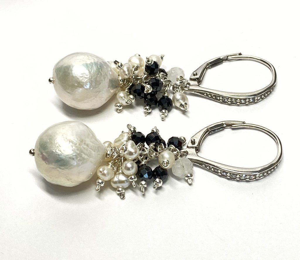 Baroque Edison Pearl Cluster Earrings Black Spinel Sterling Silver