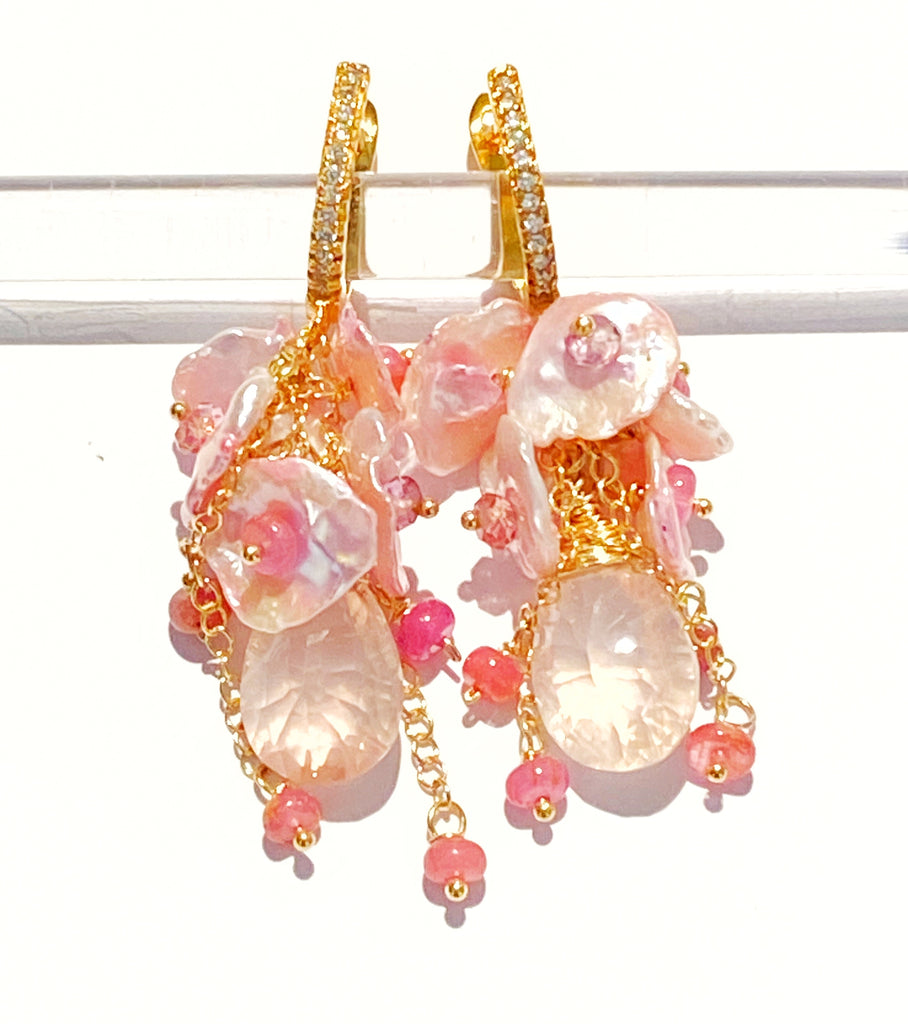 Rose Quartz Pink Keishi Pearl Cluster Earrings
