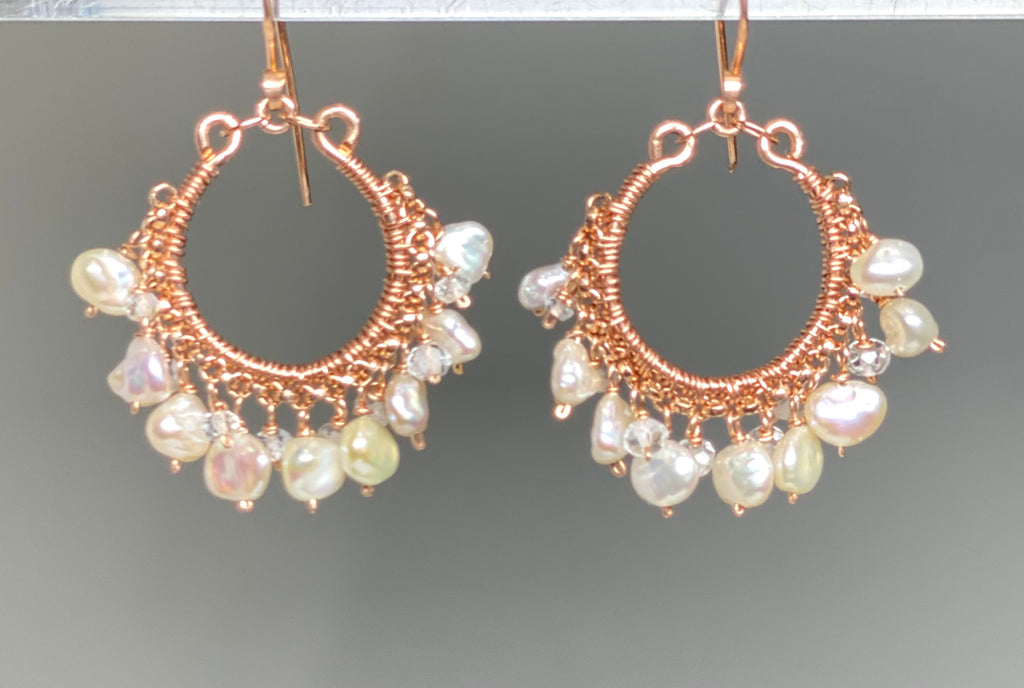 Rose Gold Keishi Pearl and Crystal Hoop Earrings