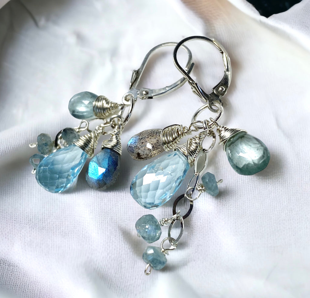 Moss Aquamarine, Blue Topaz, Labradorite Dangle Earrings Sterling Silver