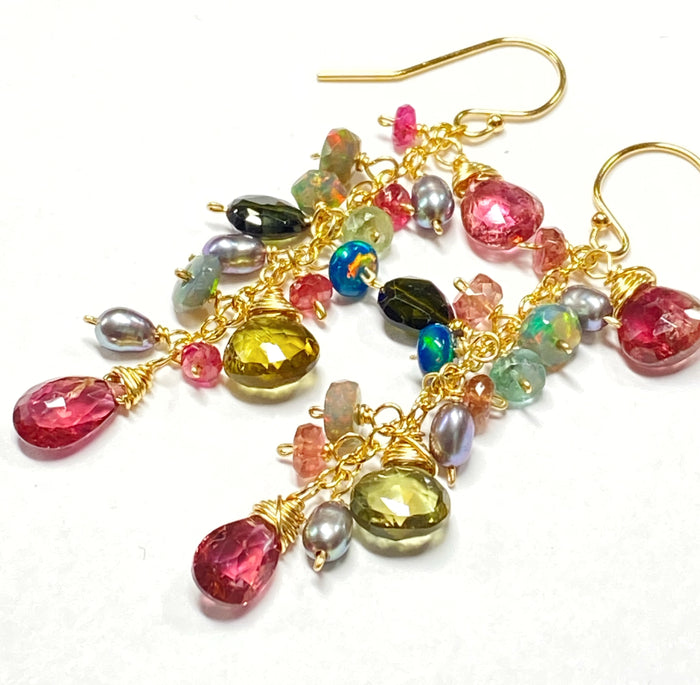 black opal and pink green tourmaline dangle earrings