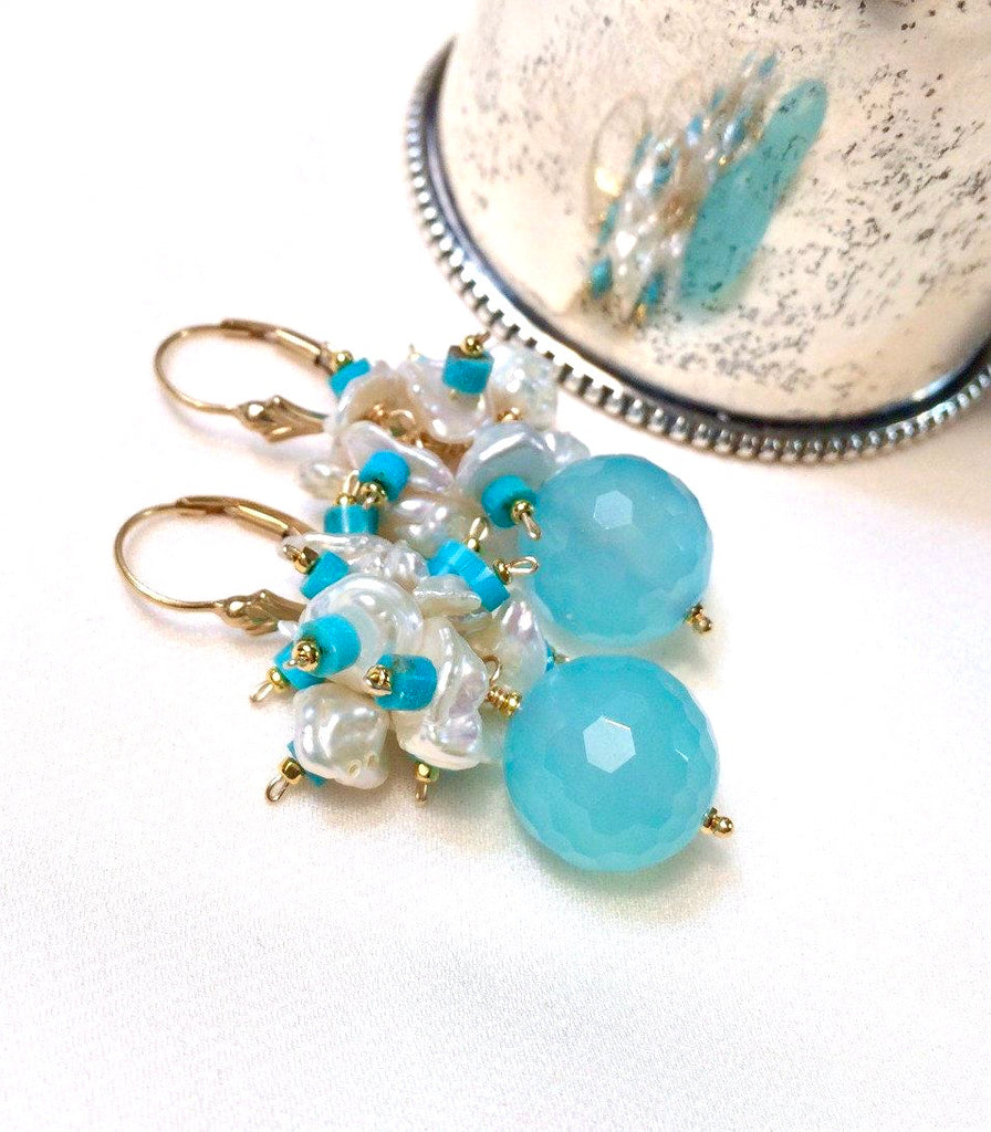 Blue, Turquoise and Keishi Pearl Cluster Earrings - doolittlejewelry