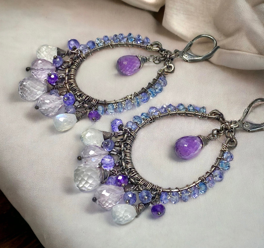 Amethyst Moonstone Oxidized Sterling Silver Hoop Earrings - Doolittle