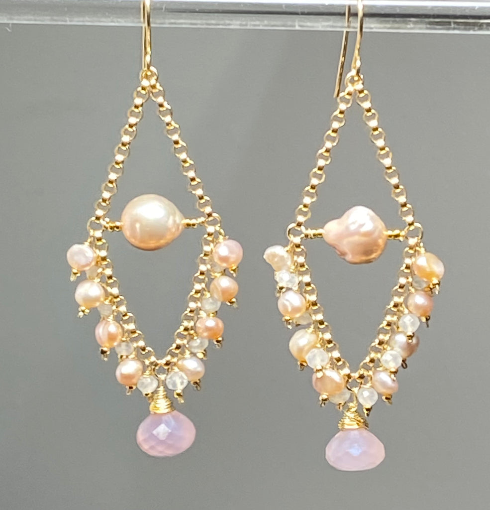 Pink Pearl Chandelier Earrings with Moonstone