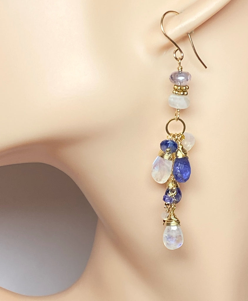 Rainbow Moonstone Tanzanite Kyanite Blue & White Boho Dangle Earrings