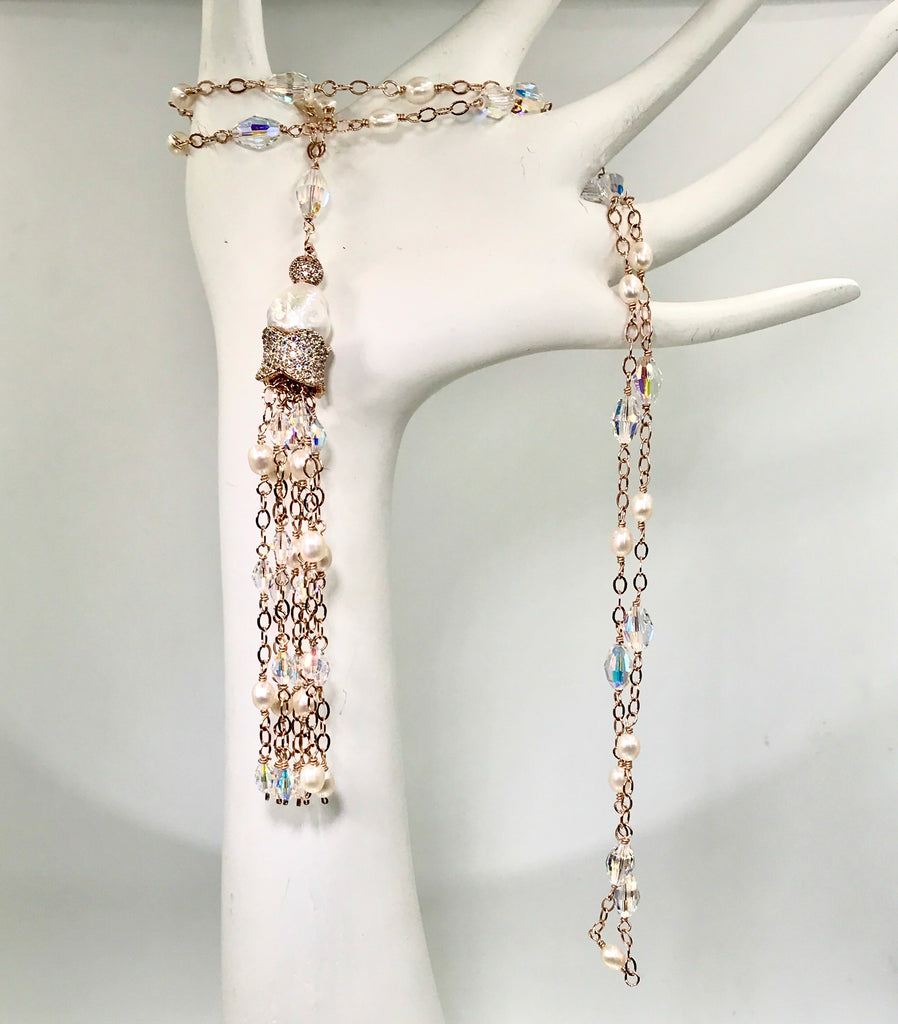 Rose Gold, Pearl and Swarovski Crystal Tassel Necklace - doolittlejewelry