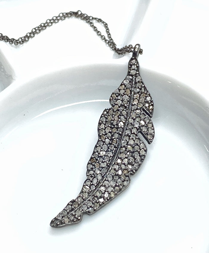 Pave Diamond Feather Pendant, Oxidized Sterling Silver