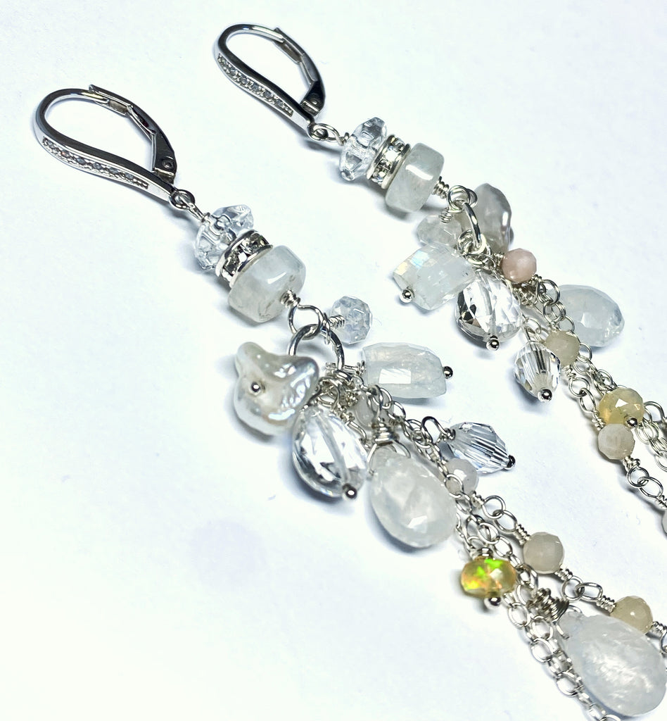Rainbow Moonstone Long Boho Earrings Crystal Quartz Sterling Silver