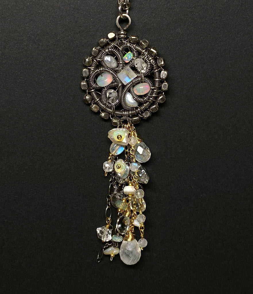 Opal, Moonstone, Crystal Oxidized Silver Coiled Pendant Necklace