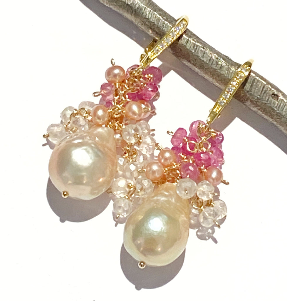 Blush Baroque Pearl Earring Pink Sapphire Gem Cascade Wedding Earrings