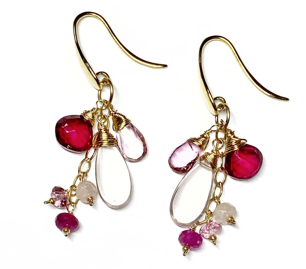 Rose Quartz, Red and Pink Topaz Dangle Earrings, Gold Fill