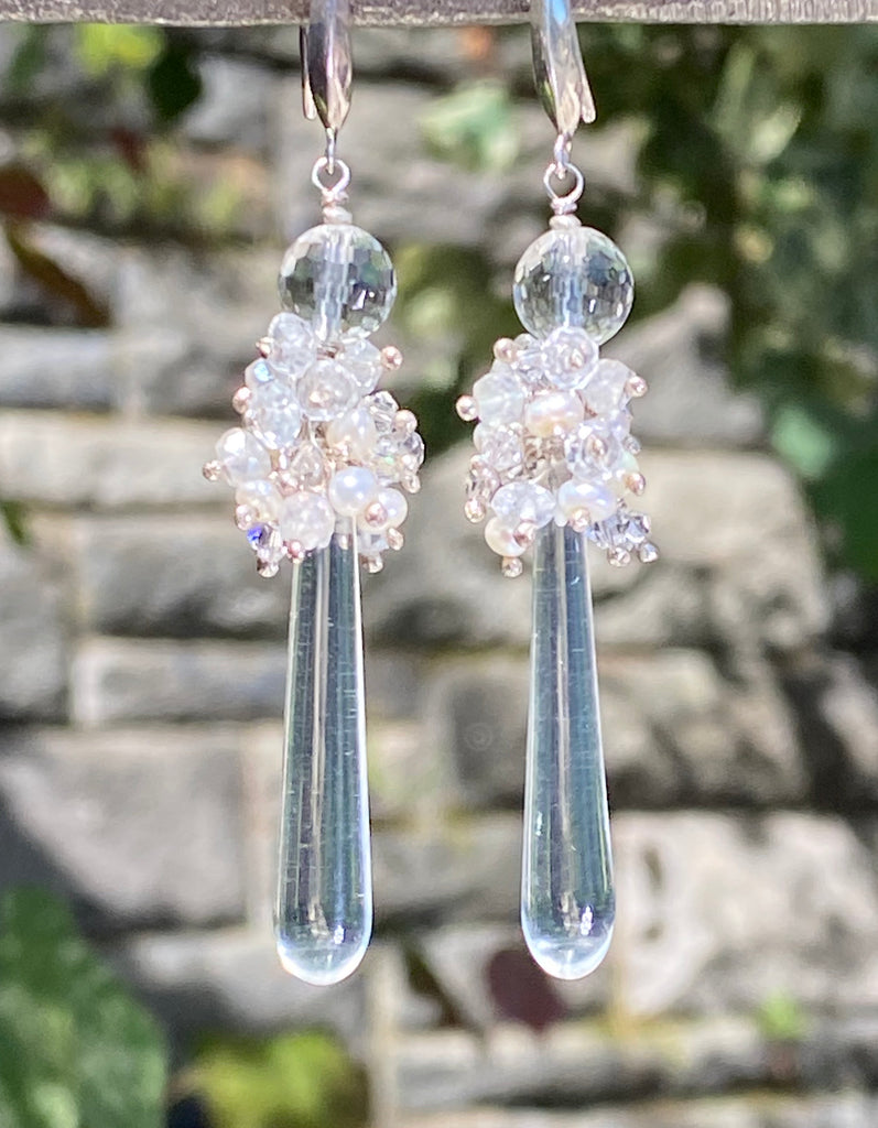 Pearl Cluster Long Crystal Quartz Drop Wedding Earrings - doolittlejewelry