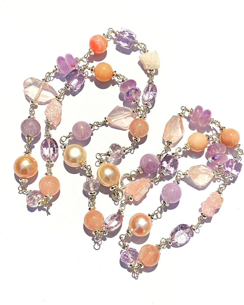 Long Sterling Silver Gemstone Pearl Necklace Lavender Amethyst Rose Quartz