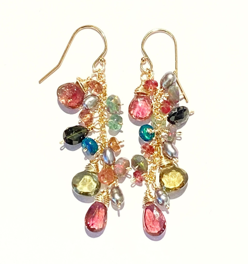 Black Opal and Pink Green Tourmaline Dangle Earrings Gold
