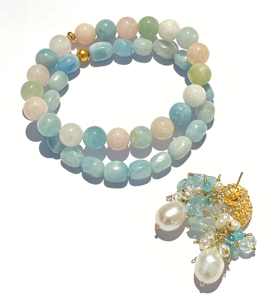 Aquamarine Gemstone Pearl Cluster Earrings Gold Post