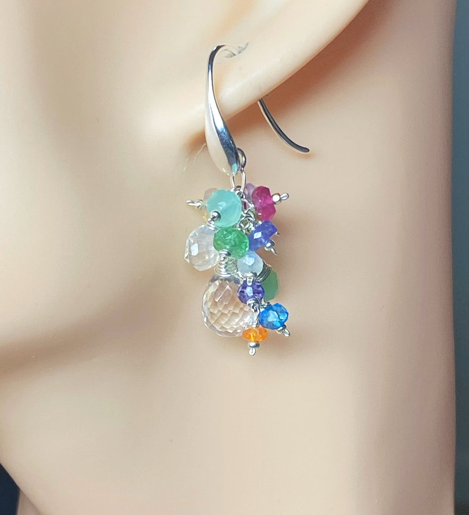 Crystal Quartz Dangle Earrings with Multi Gemstone Cluster Sterling Silver 4