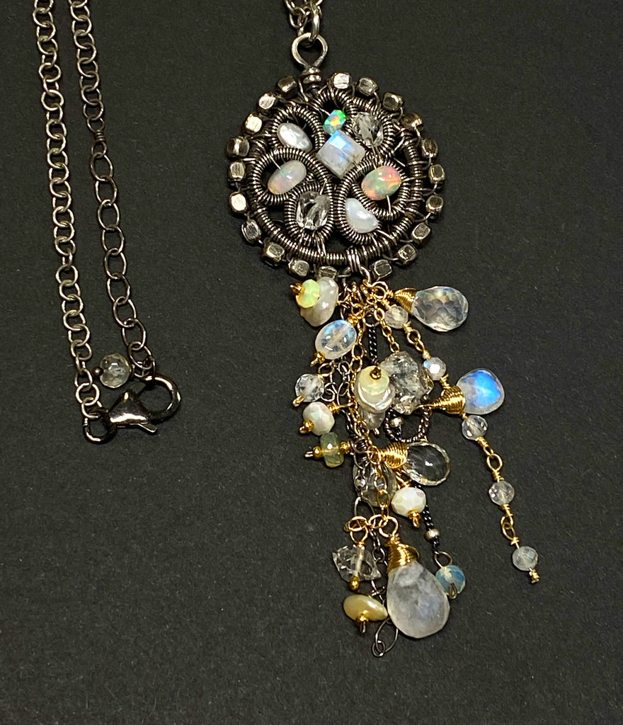 Opal, Moonstone, Crystal Oxidized Silver Coiled Pendant Necklace