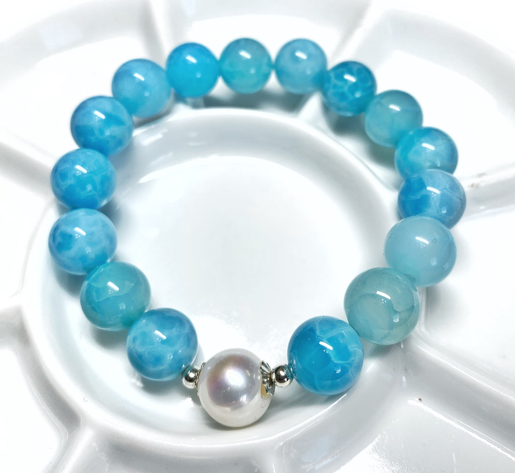 Blue Beaded Stretch Stacking Bracelet with Pearl, Blue Chalcedony