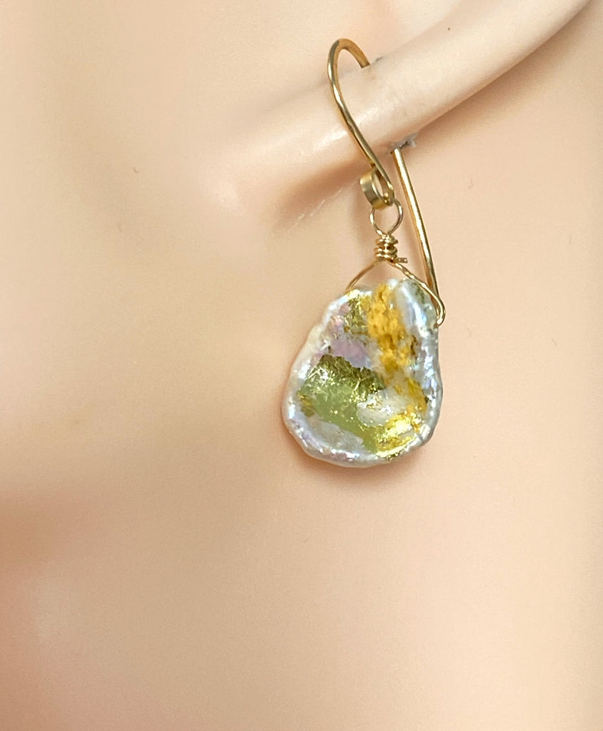 Keishi Pearl 24 kt Gold Leaf Dangle Earrings