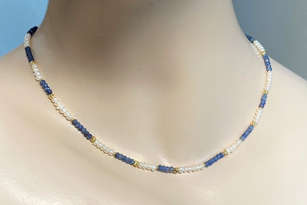 Blue Sapphire and Pearl Dainty Necklace