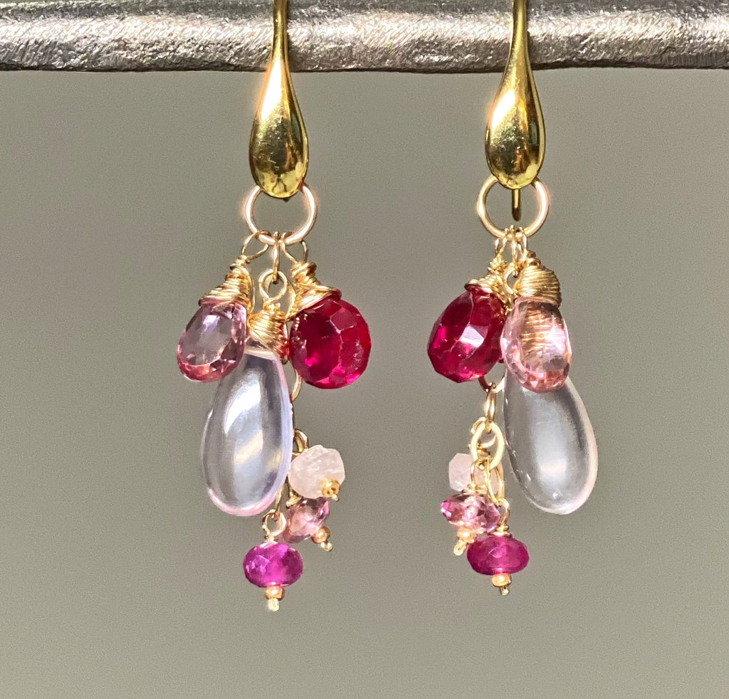 Rose Quartz, Red and Pink Topaz Dangle Earrings, Gold Fill