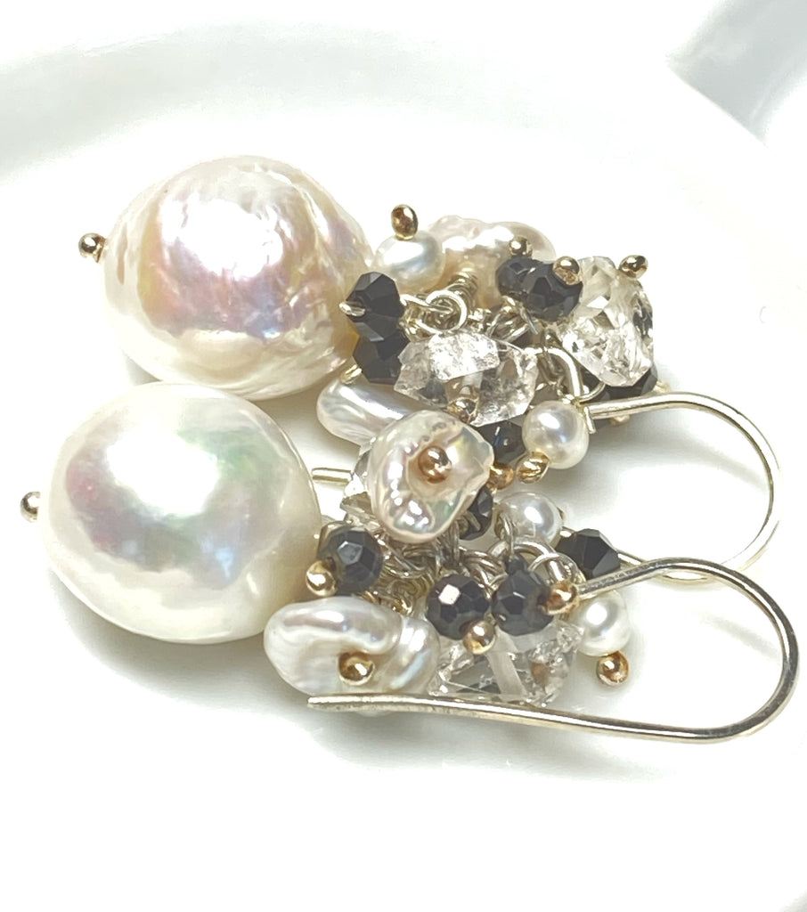 White Edison Pearl Cluster Earrings with Herkimer Diamond, Black Spinel