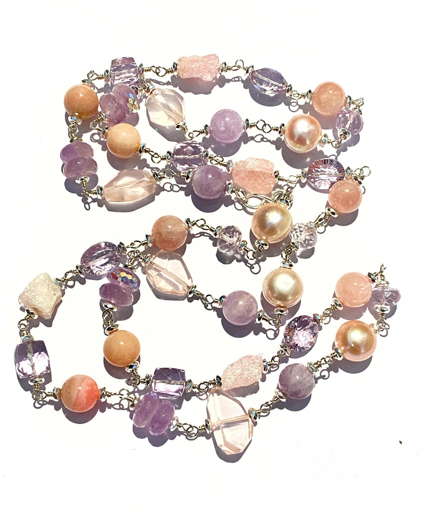 Long Sterling Silver Gemstone Pearl Necklace Lavender Amethyst Rose Quartz