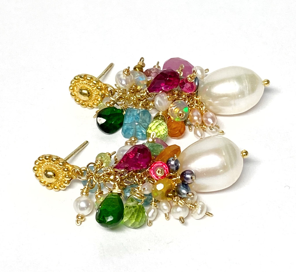 Colorful Gemstone Pearl Cluster Earrings Gold