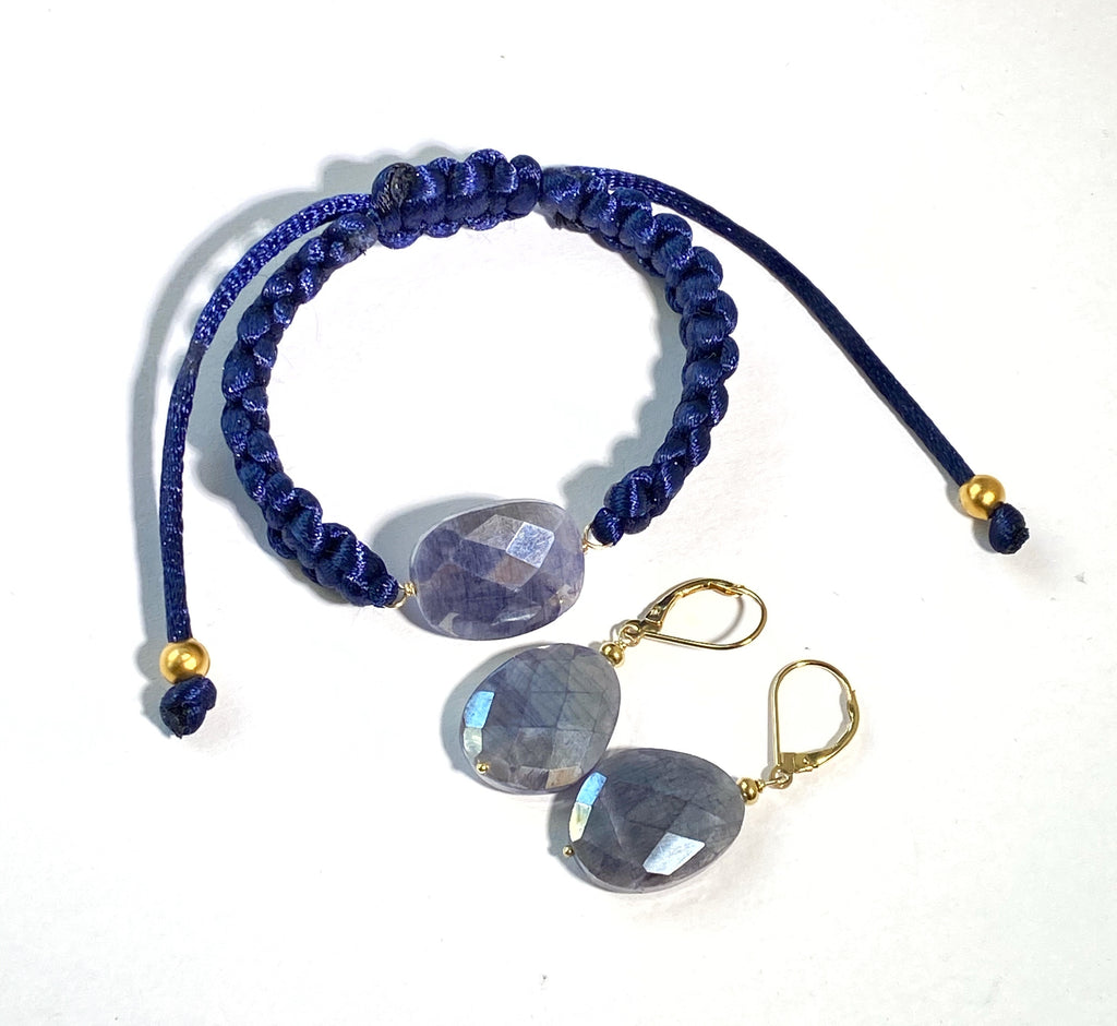Mystic Blue Sapphire Bracelet Adjustable Navy Blue Macramé