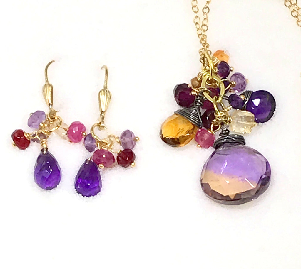 Ametrine Pendant Necklace Set and Amethyst Dangle Earrings - doolittlejewelry