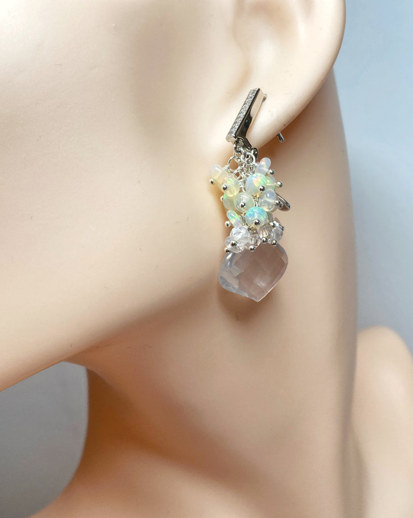 Opal Cluster Crystal Quartz Leverback Earrings