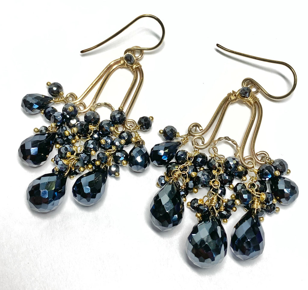 Gemstone Black Spinel Gold Fill Handmade Chandelier Earrings