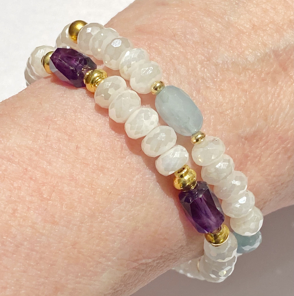 Amethyst and Ivory Mystic Moonstone Stretch Stacking Bracelet