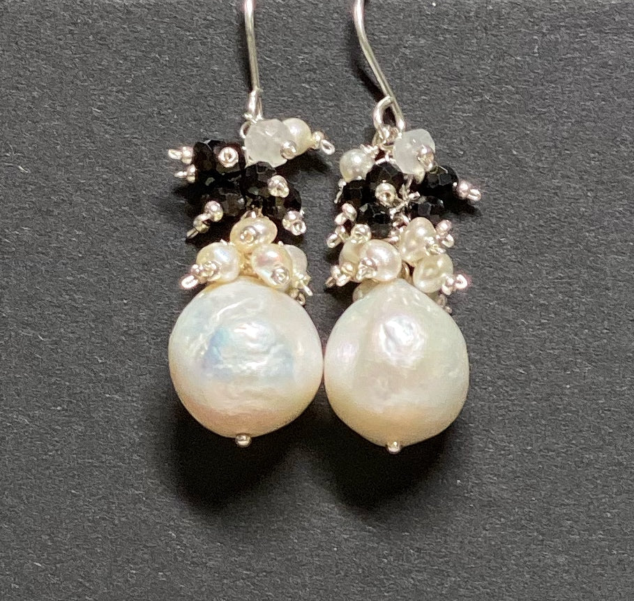 Baroque Edison Pearl Cluster Earrings Black Spinel Sterling Silver