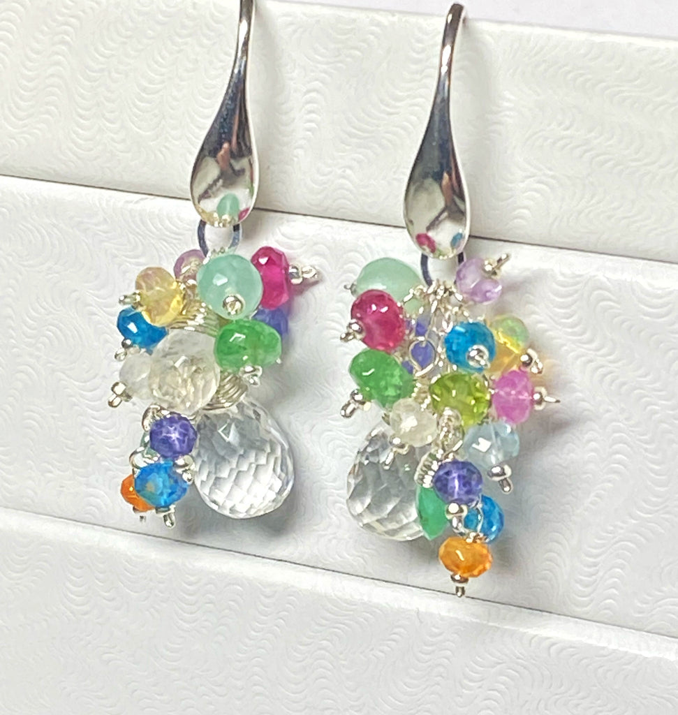 Crystal Quartz Dangle Earrings with Multi Gemstone Cluster Sterling Silver 4