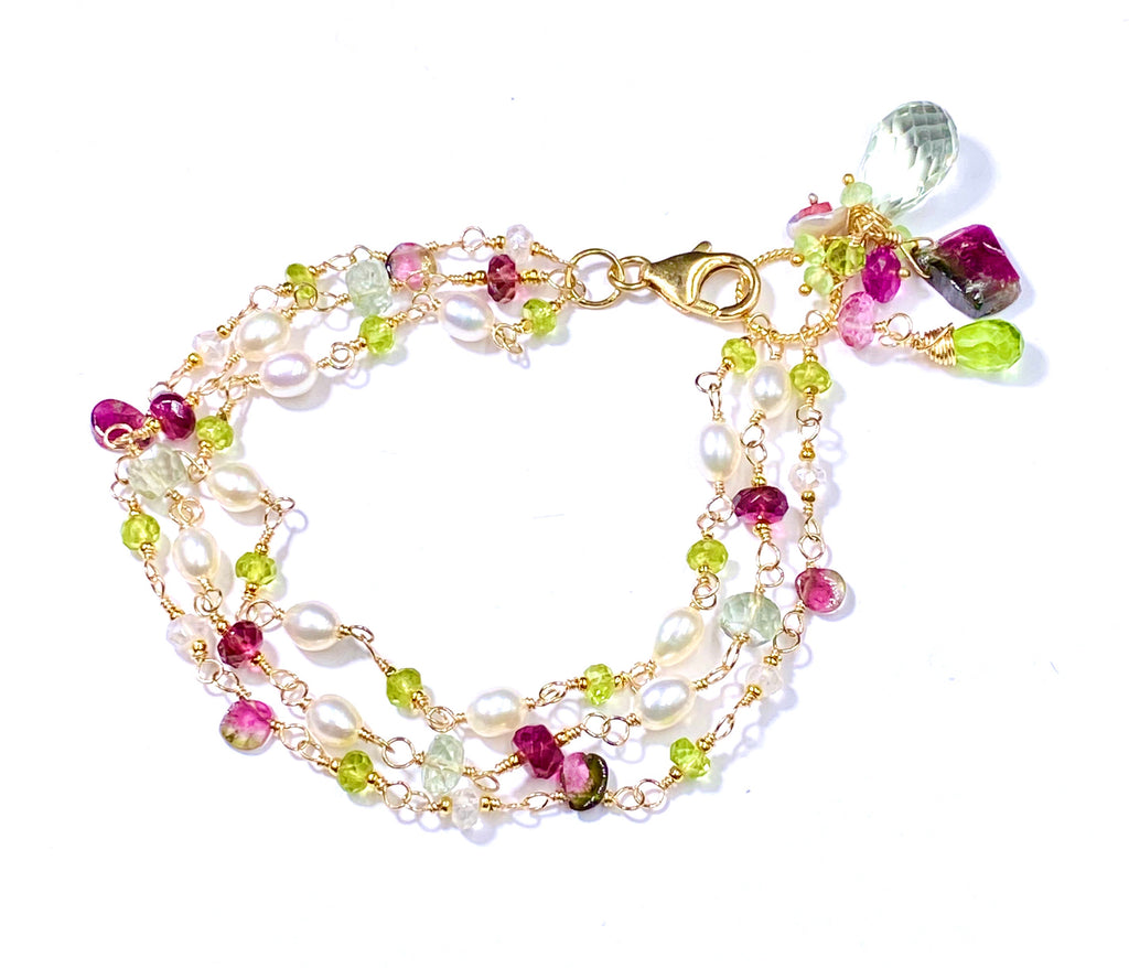 Peridot, Watermelon Tourmaline Slice and Pearl Dainty Triple Strand Bracelet - doolittlejewelry