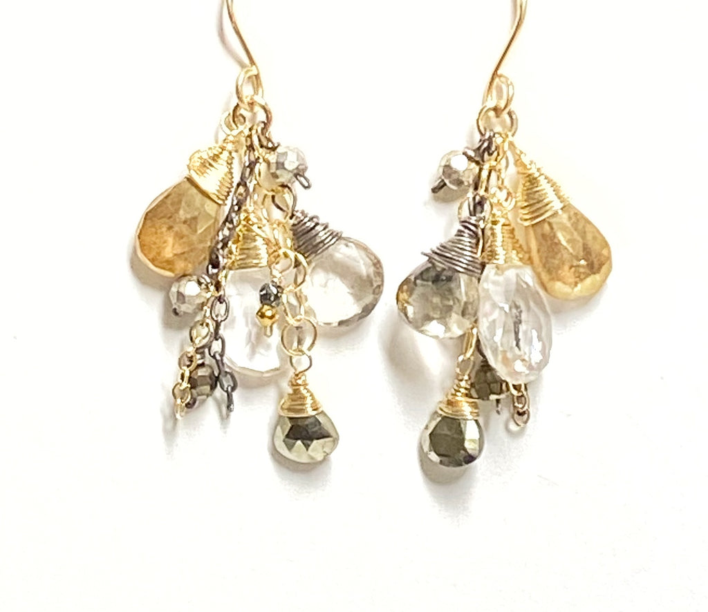 Crystal Quartz and Gold Mixed Metal Dangle Earrings