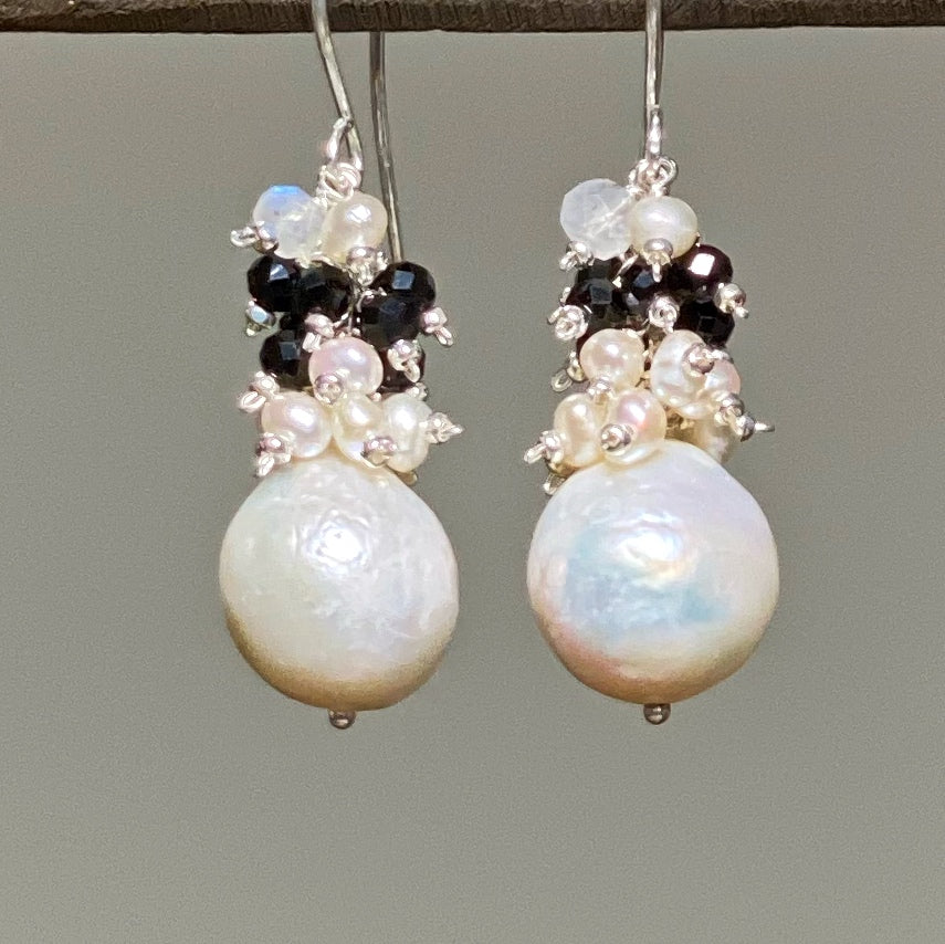 Baroque Edison Pearl Cluster Earrings Black Spinel Sterling Silver