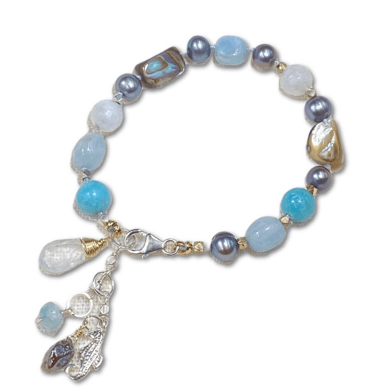 Abalone Silk Knotted Bracelet, Moonstone, Aquamarine, Pearl - doolittlejewelry