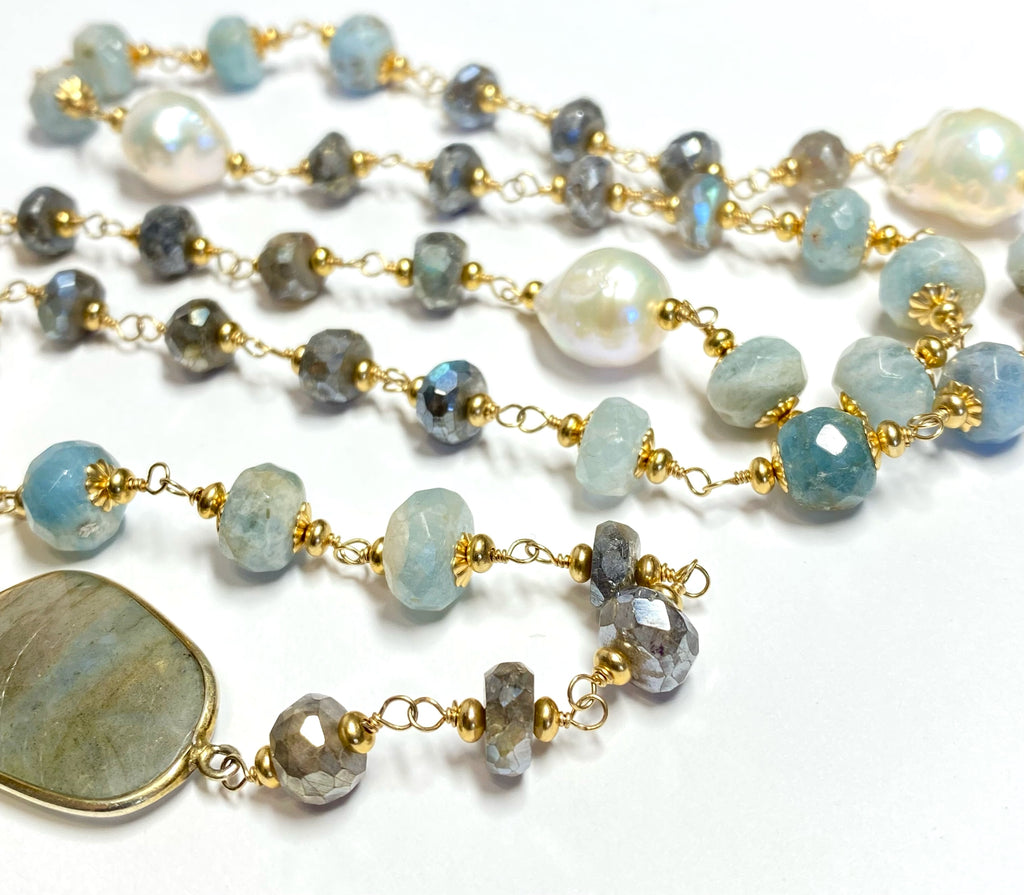 Aquamarine, Labradorite, Pearl Long Wire Wrapped Necklace